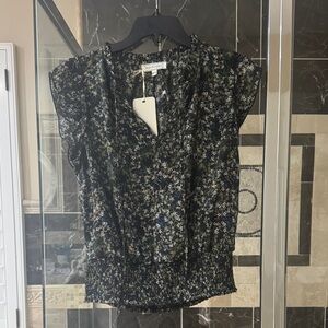 Bouqsblack Floral Short Sleeve V-Neck Smocked Hem Blouse - Black Multi